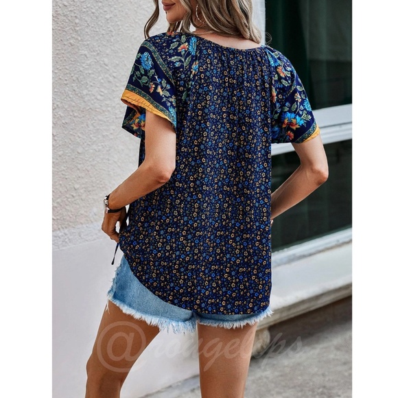 Navy Blue Floral Printed Boho Short Sleeve Shirt V-Neck Ties - Picture 3 of 6